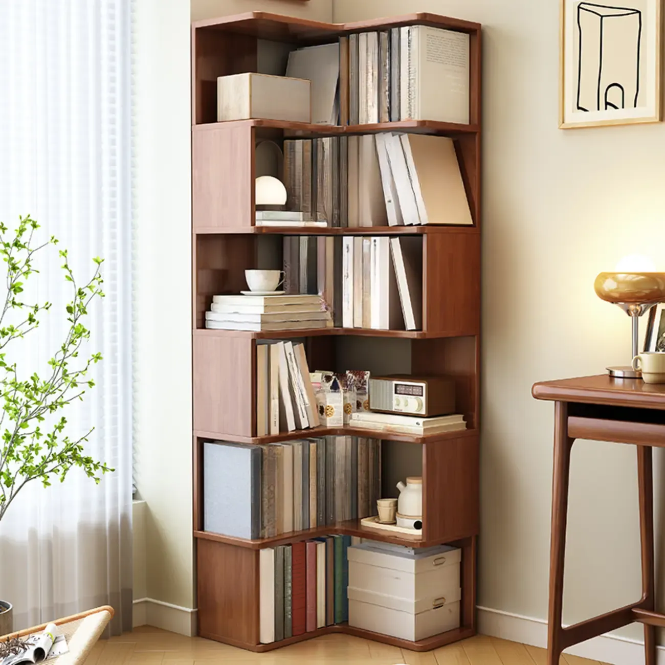 Modern Adjustable Vertical Brown Wood Corner Bookcase Image - 5