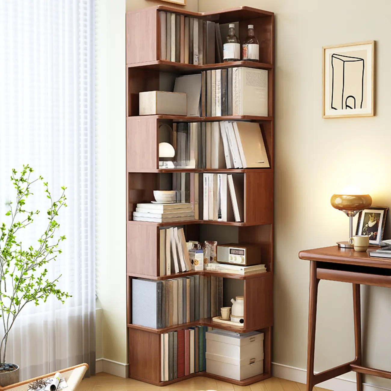 Modern Adjustable Vertical Brown Wood Corner Bookcase Image - 6 | homeyfad