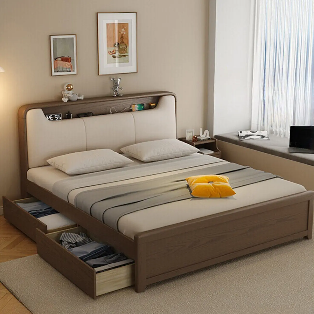 Versatile Wooden Drawer Storage Bed with Chargeable Headboard Image - 1 | homeyfad
