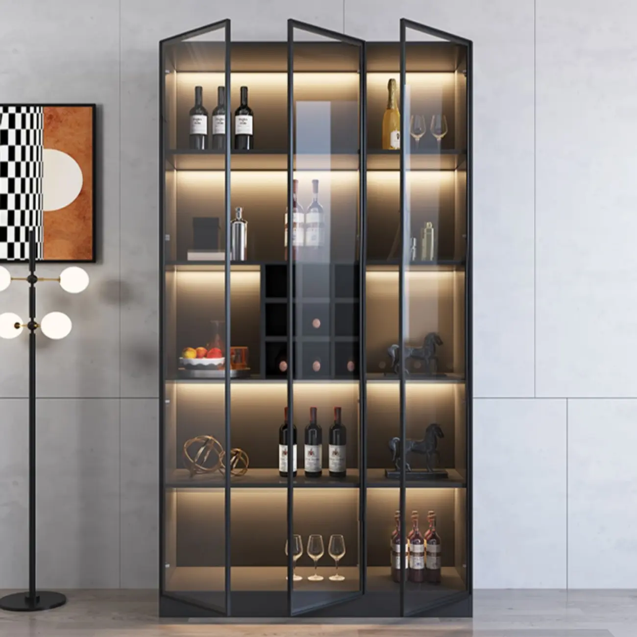 Minimalist Black Wooden Wine Rack Cabinet with Glass Door Image - 1 | homeyfad