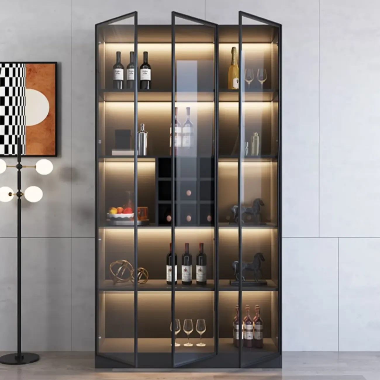 Minimalist Black Wooden Wine Rack Cabinet with Glass Door Image - 1