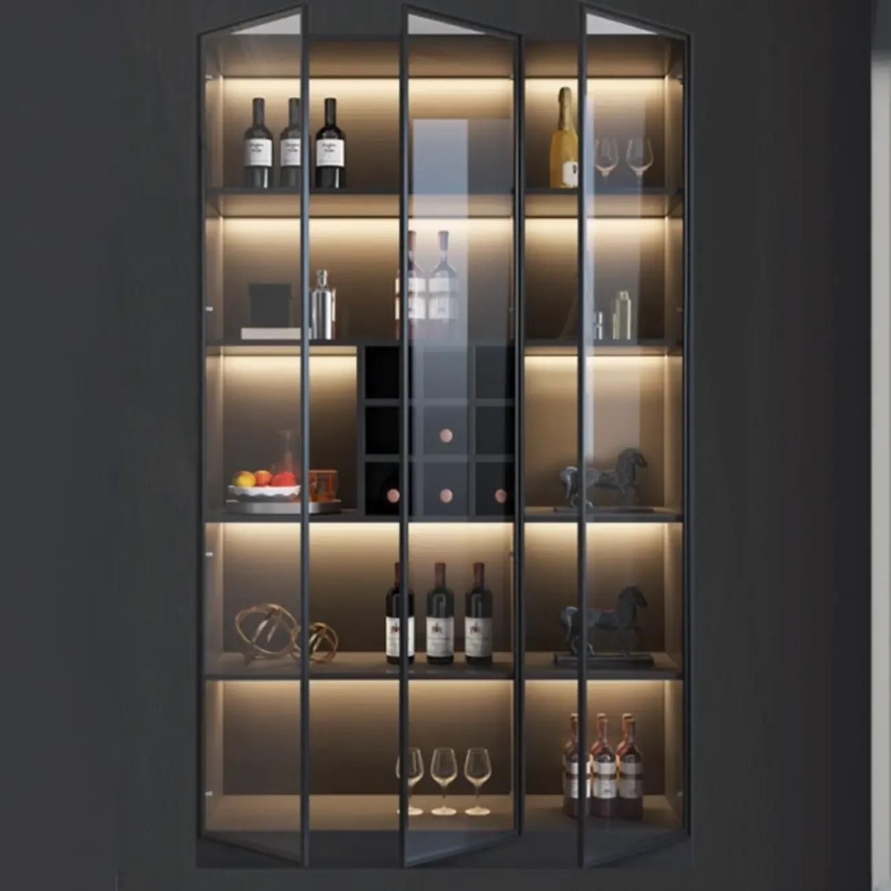 Minimalist Black Wooden Wine Rack Cabinet with Glass Door Image - 11
