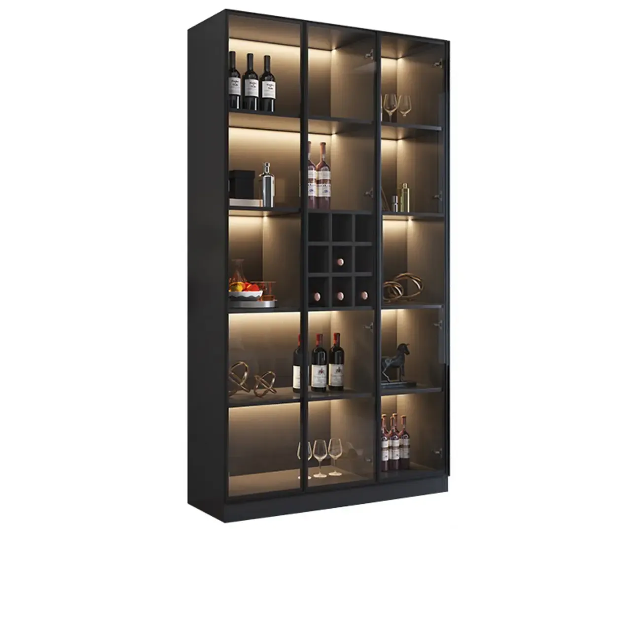 Minimalist Black Wooden Wine Rack Cabinet with Glass Door Image - 9