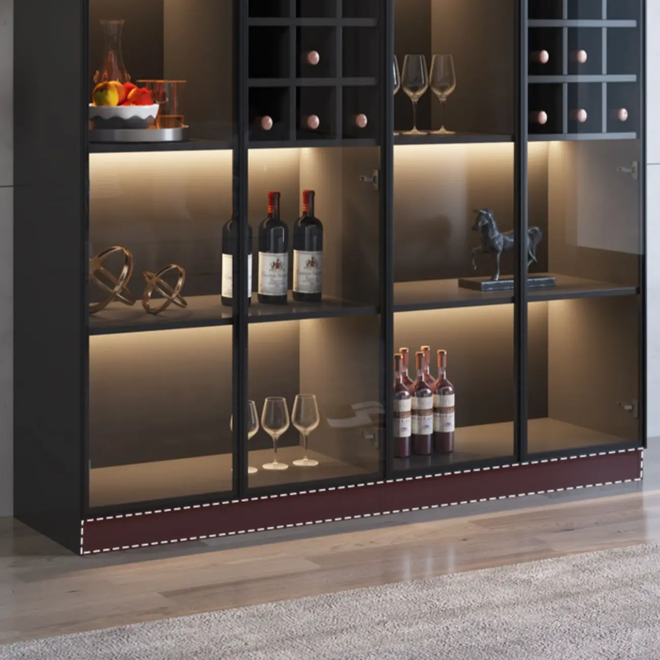 Minimalist Black Wooden Wine Rack Cabinet with Glass Door Image - 13 | homeyfad