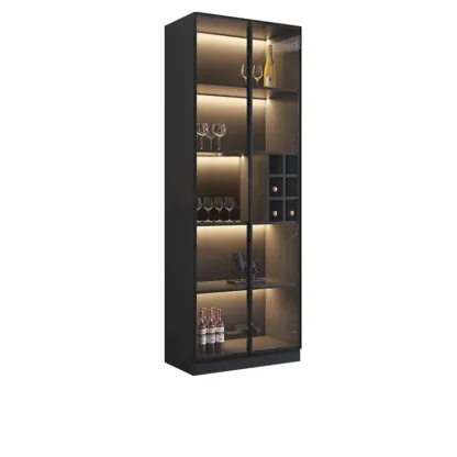 Minimalist Black Wooden Wine Rack Cabinet with Glass Door Image - 5