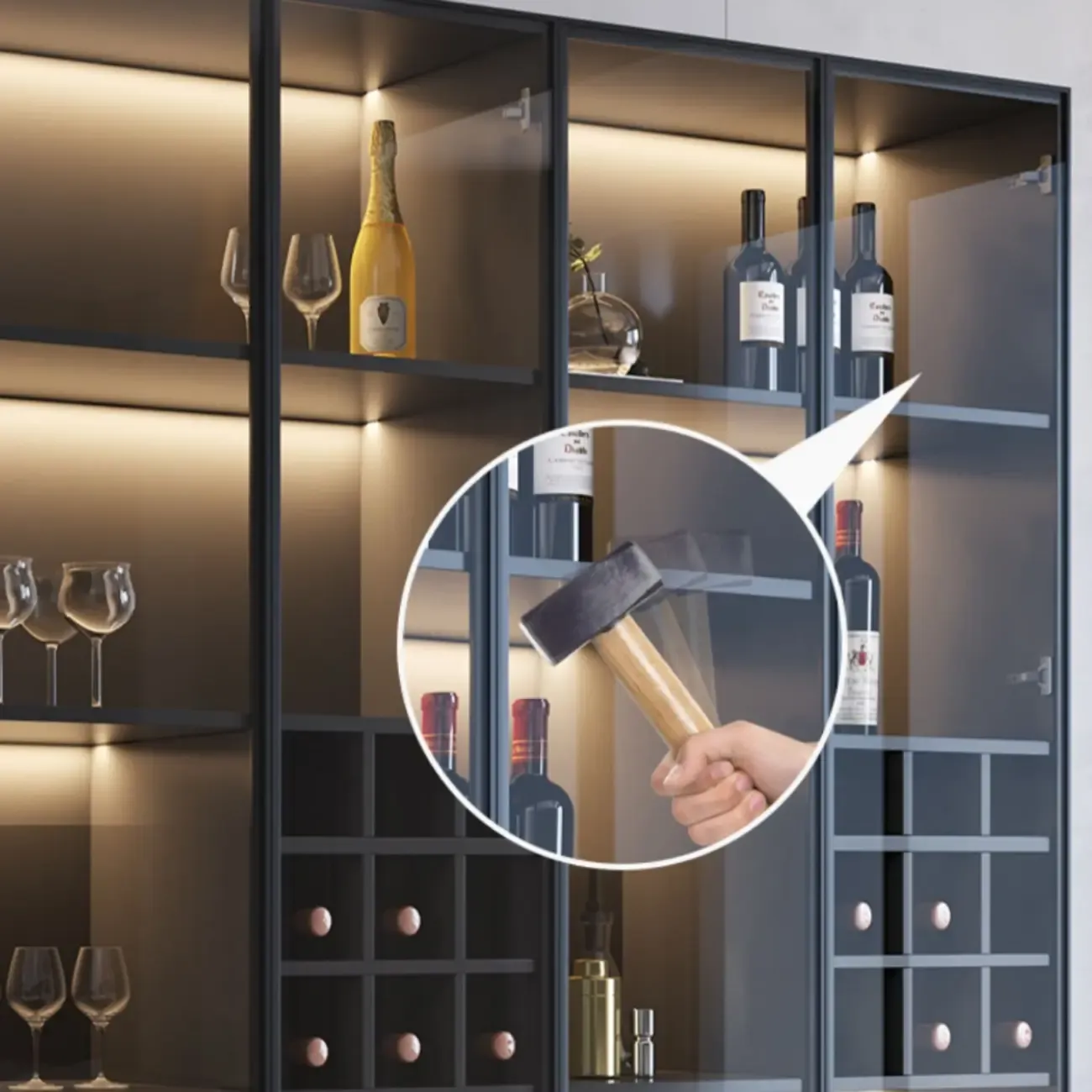 Minimalist Black Wooden Wine Rack Cabinet with Glass Door Image - 7