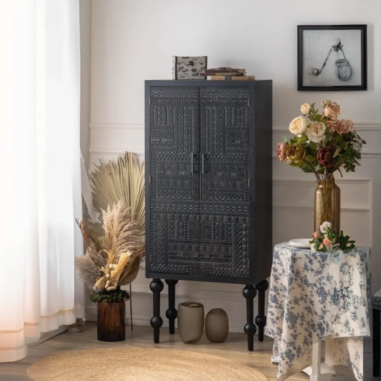 Artistic Pattern Wood Black Cabinet Sideboard in 3-Shelf Image - 1