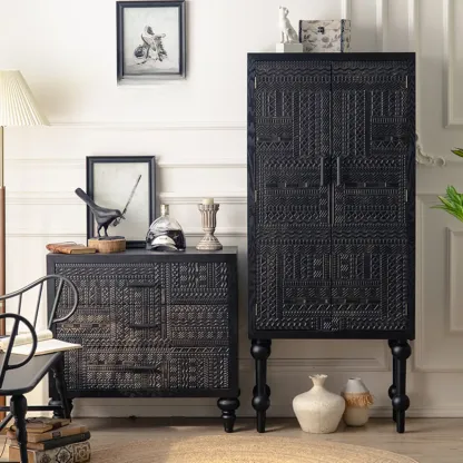 Artistic Pattern Wood Black Cabinet Sideboard in 3-Shelf Image - 4