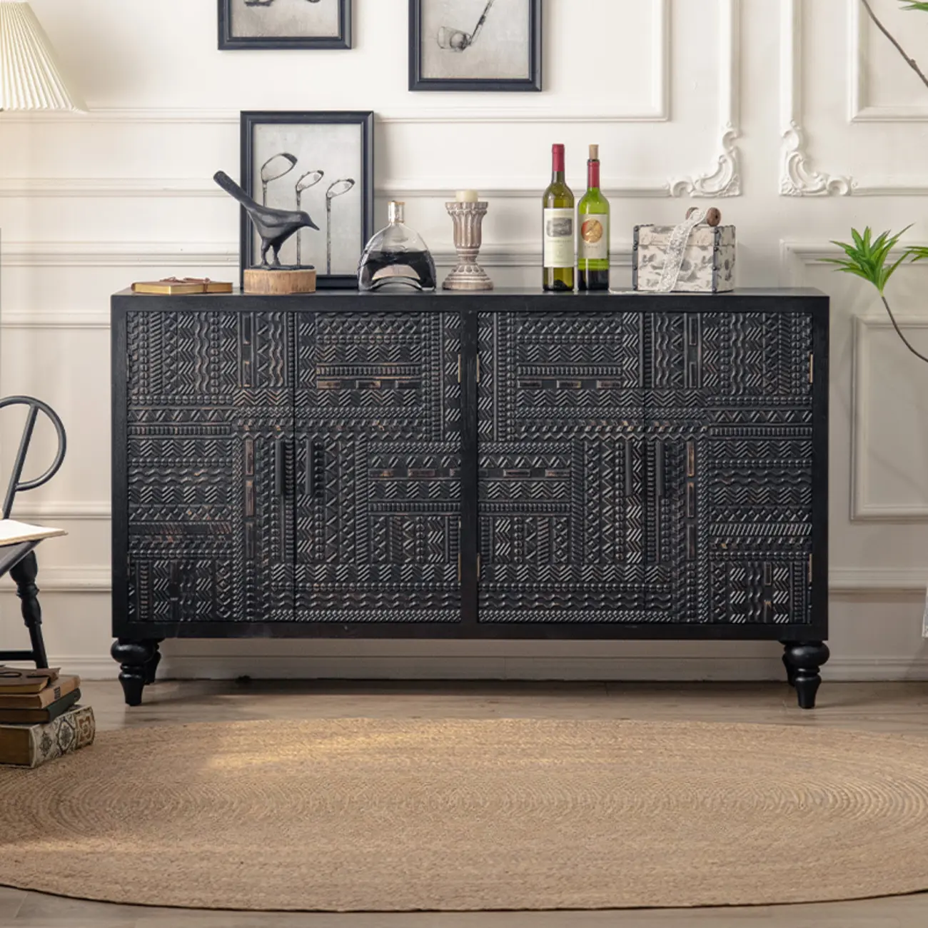 Artistic Pattern Wood Black Cabinet Sideboard in 3-Shelf Image - 5 | homeyfad