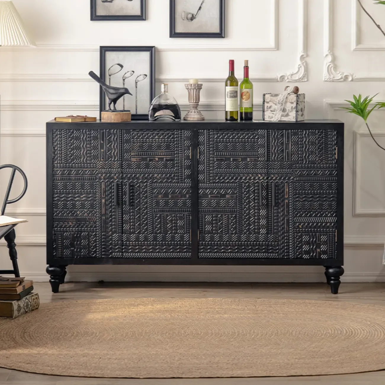 Artistic Pattern Wood Black Cabinet Sideboard in 3-Shelf Image - 5