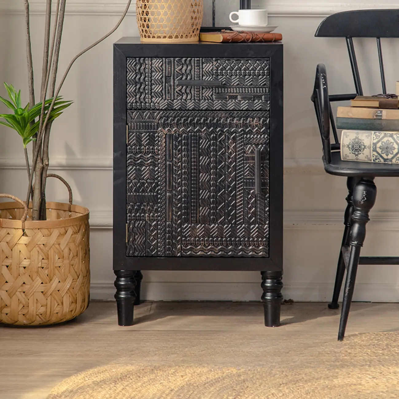 Artistic Pattern Wood Black Cabinet Sideboard in 3-Shelf Image - 7 | homeyfad