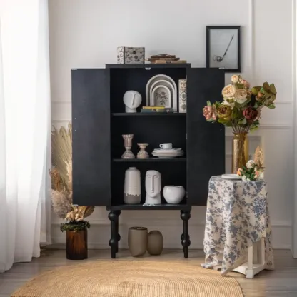 Artistic Pattern Wood Black Cabinet Sideboard in 3-Shelf Image - 8