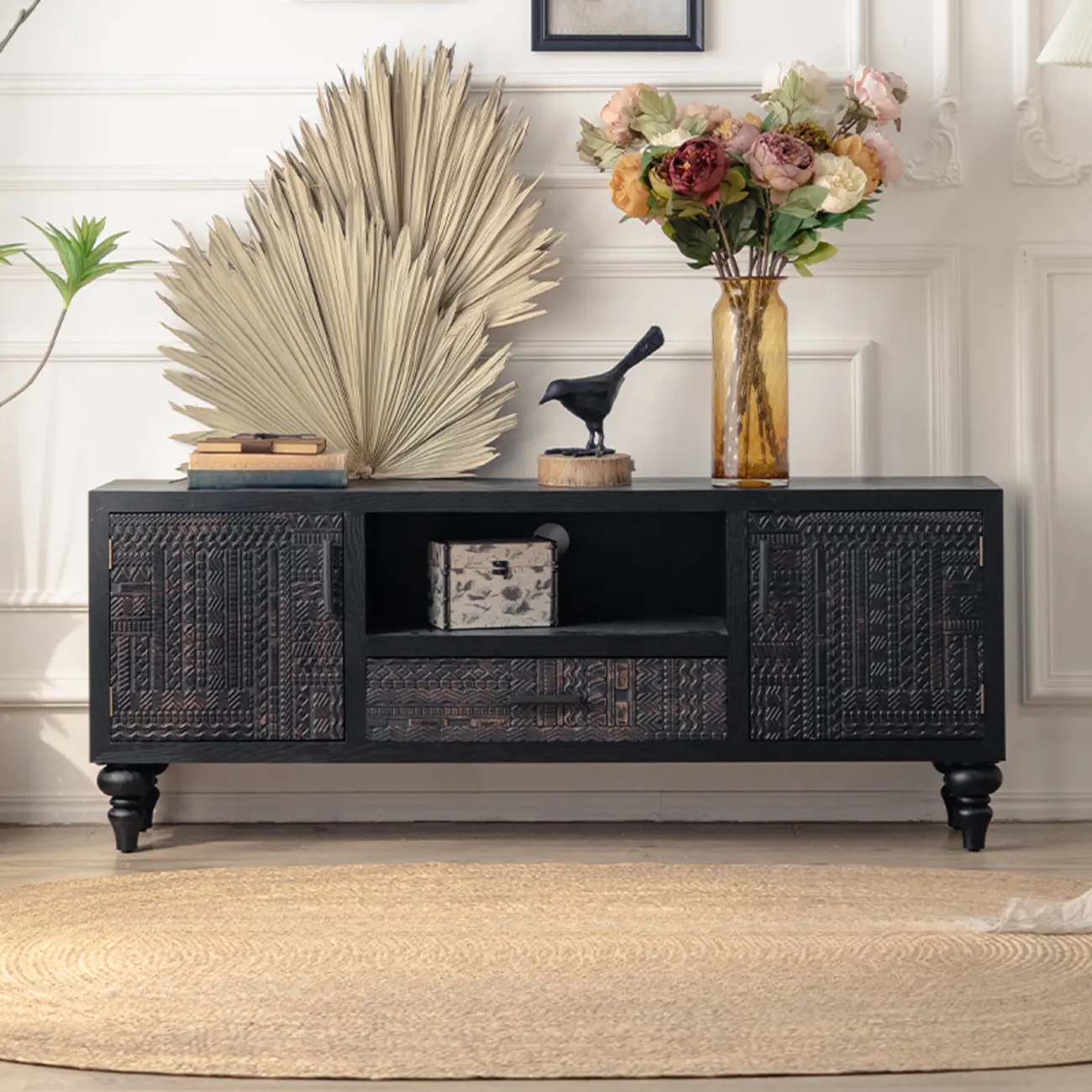 Artistic Pattern Wood Black Cabinet Sideboard in 3-Shelf Image - 9 | homeyfad
