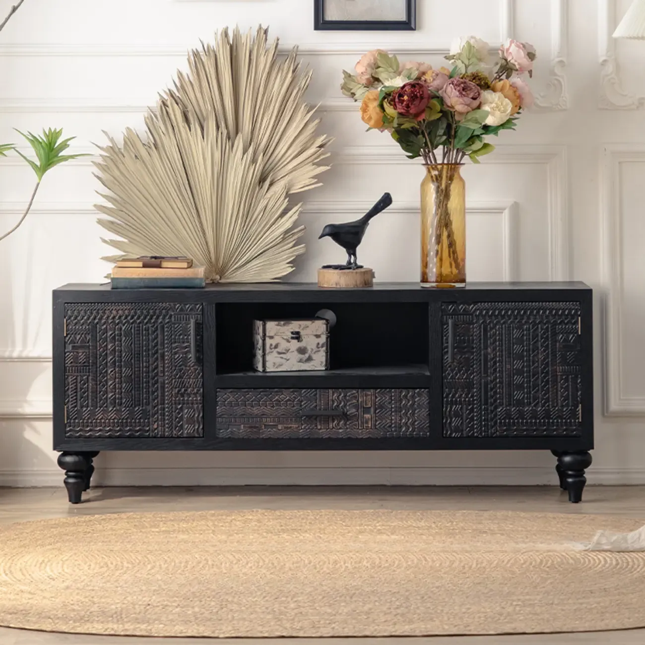 Artistic Pattern Wood Black Cabinet Sideboard in 3-Shelf Image - 9