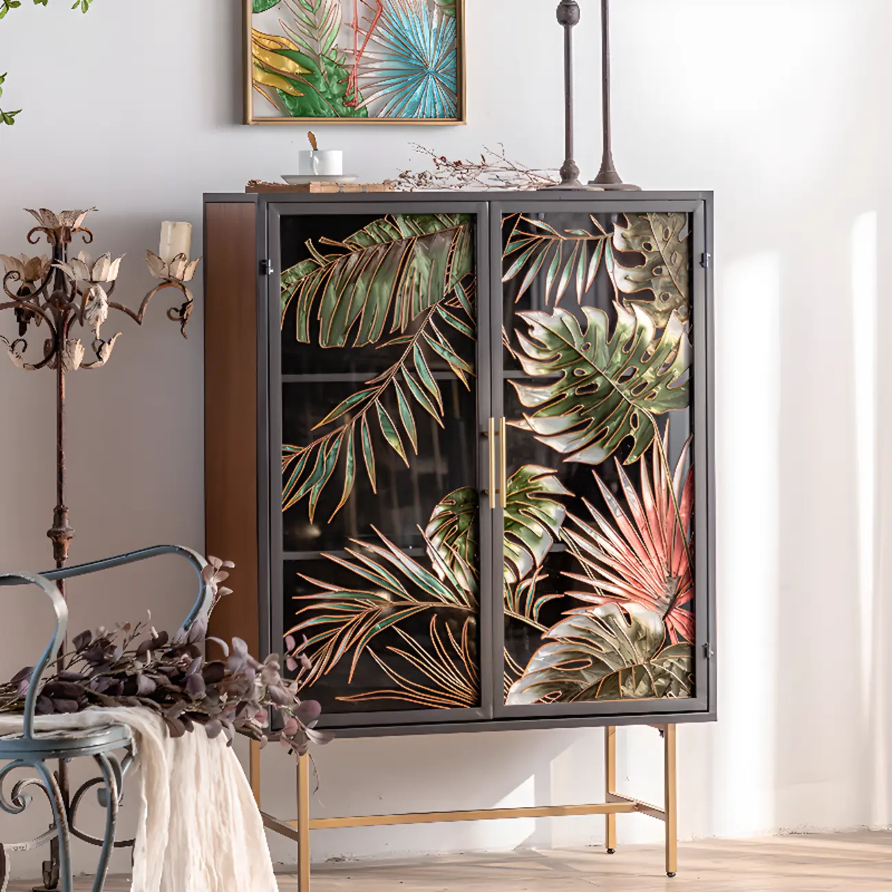 Plant Pattern Glass Door Storage Sideboard with Gold Legs Image - 1 | homeyfad