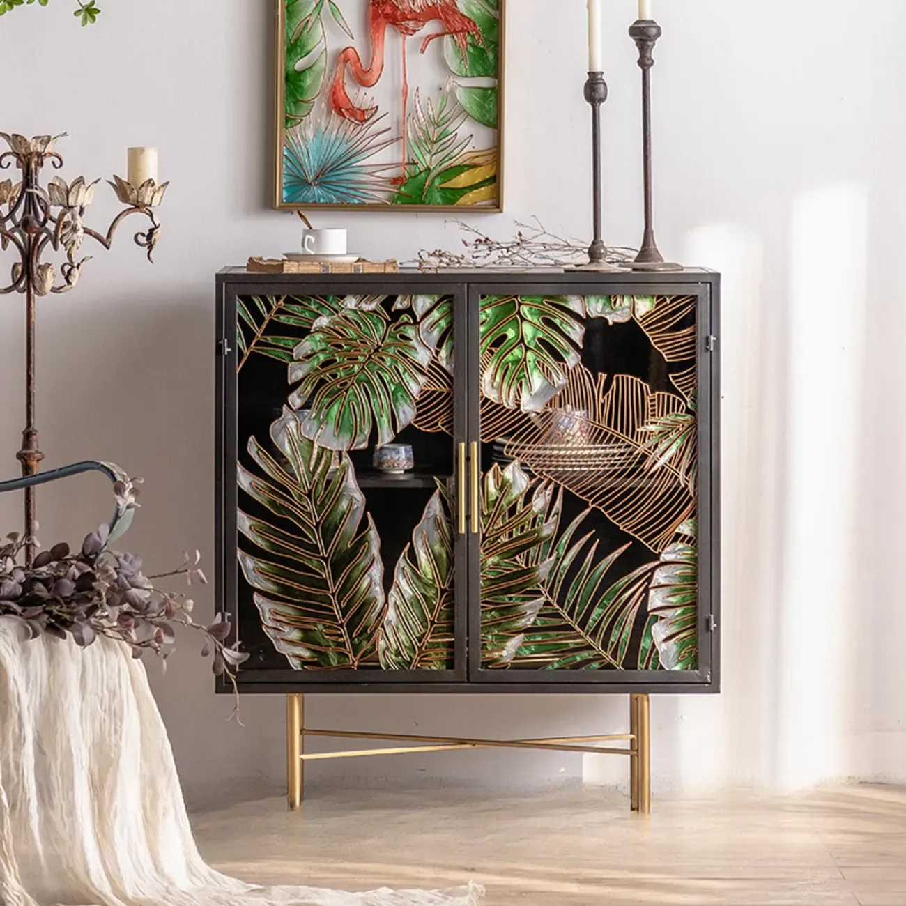 Boho Plant Pattern Storage Sideboard with Glass Door | HomeyFad