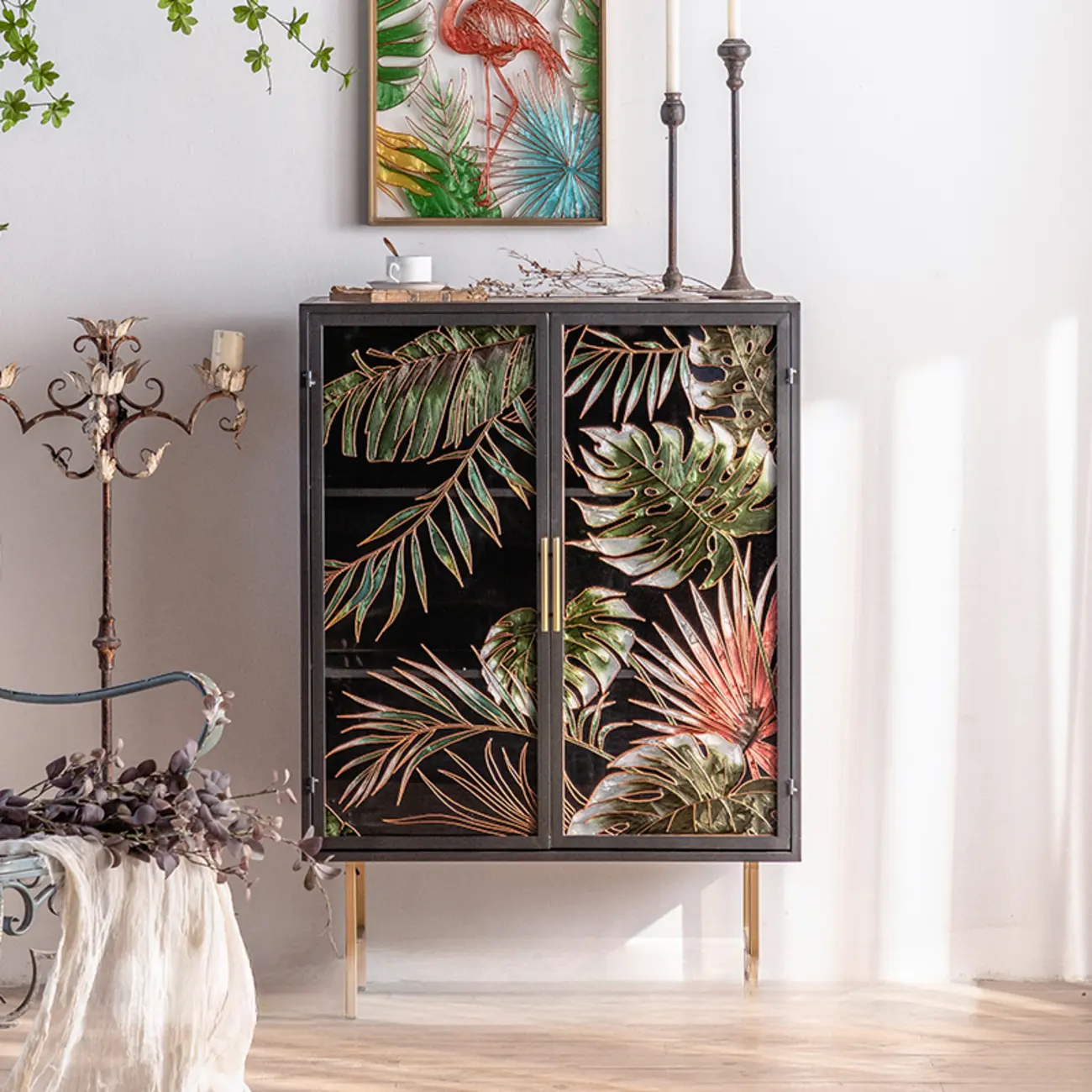 Plant Pattern Glass Door Storage Sideboard with Gold Legs Image - 3 | homeyfad