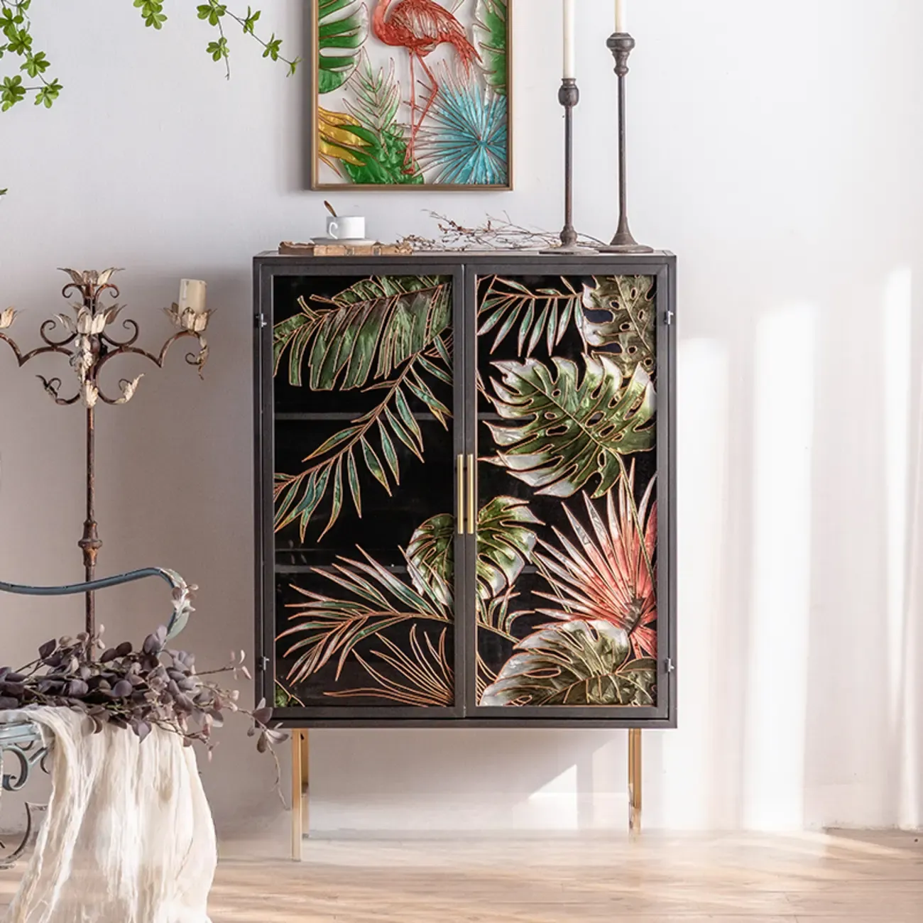 Plant Pattern Glass Door Storage Sideboard with Gold Legs Image - 3