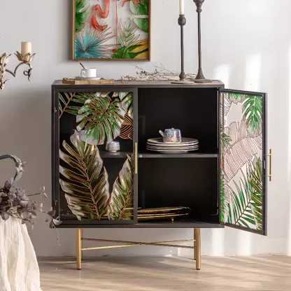 Plant Pattern Glass Door Storage Sideboard with Gold Legs Image - 4