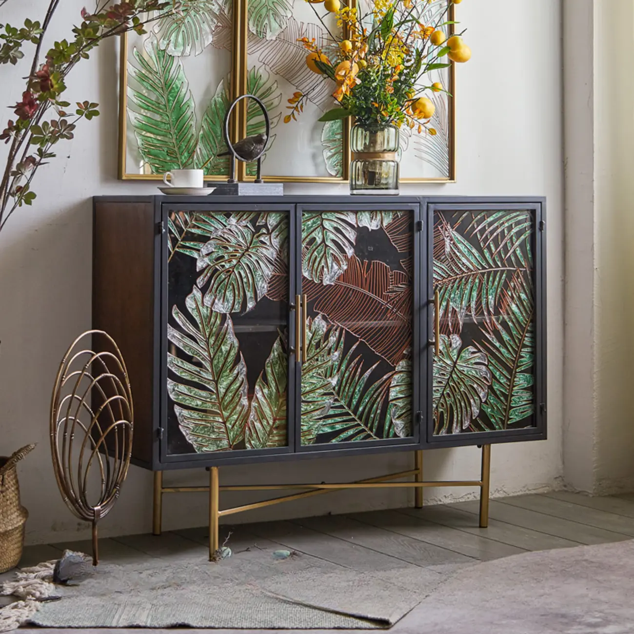 Plant Pattern Glass Door Storage Sideboard with Gold Legs Image - 5 | homeyfad