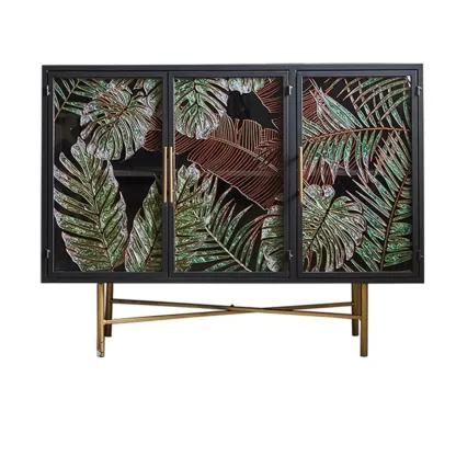 Plant Pattern Glass Door Storage Sideboard with Gold Legs Image - 6