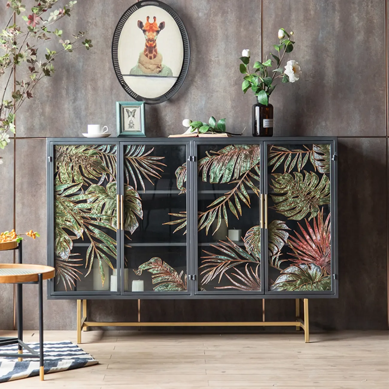 Plant Pattern Glass Door Storage Sideboard with Gold Legs Image - 7