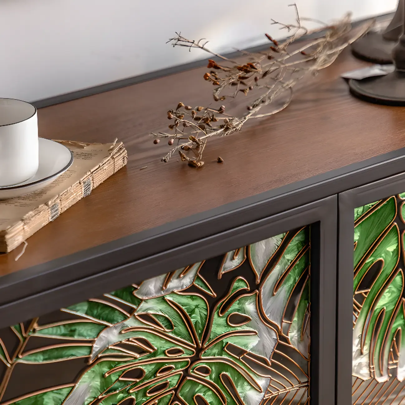 Plant Pattern Glass Door Storage Sideboard with Gold Legs Image - 10