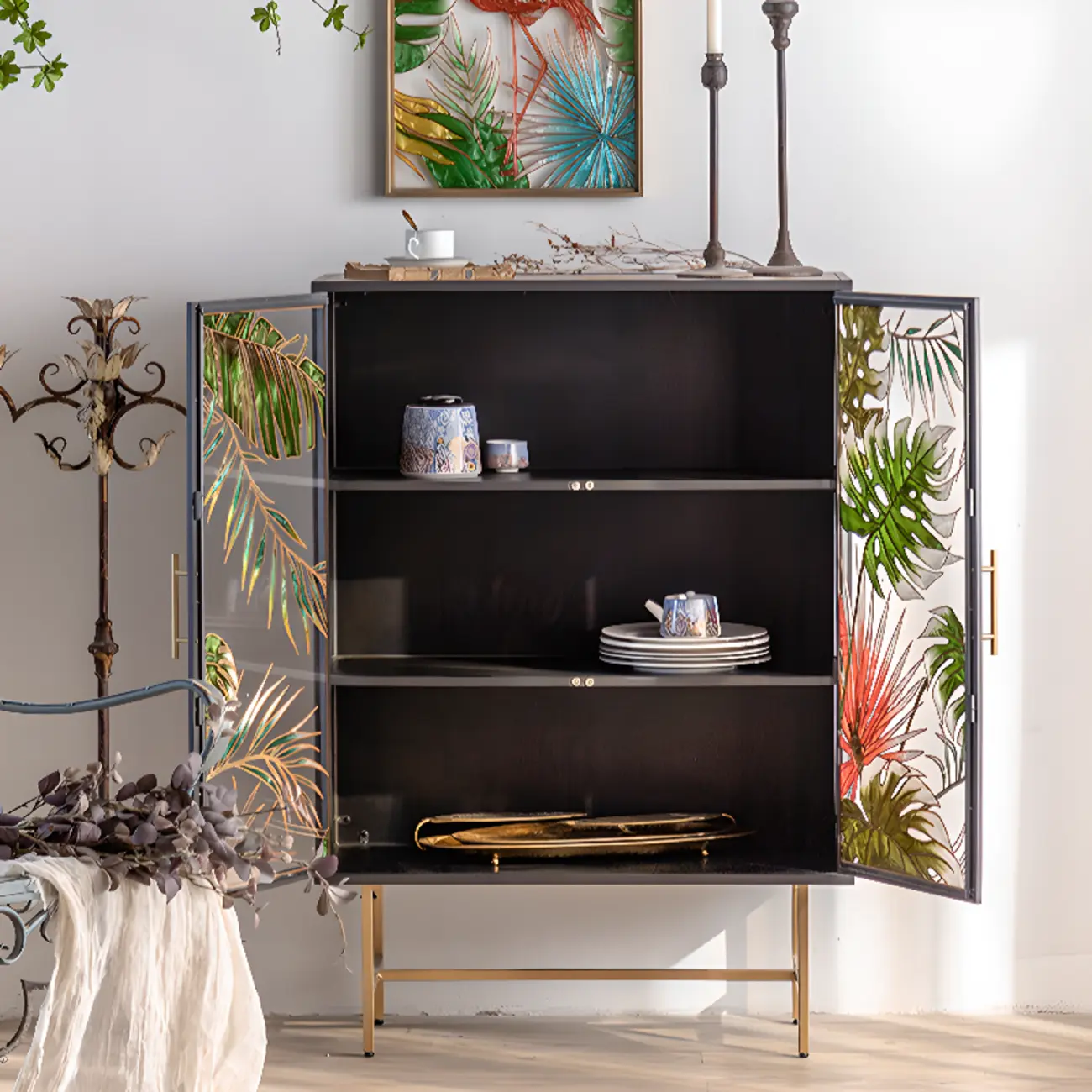 Plant Pattern Glass Door Storage Sideboard with Gold Legs Image - 12 | homeyfad
