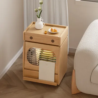 Versatile Swivel Flip-Top Natural Finish Wheeled Wooden Side Table Image - 4