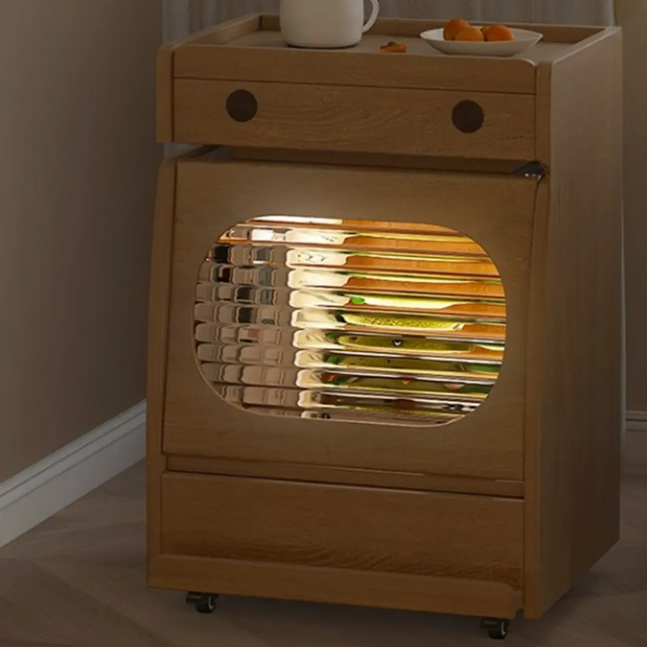 Versatile Swivel Flip-Top Natural Finish Wheeled Wooden Side Table Image - 9