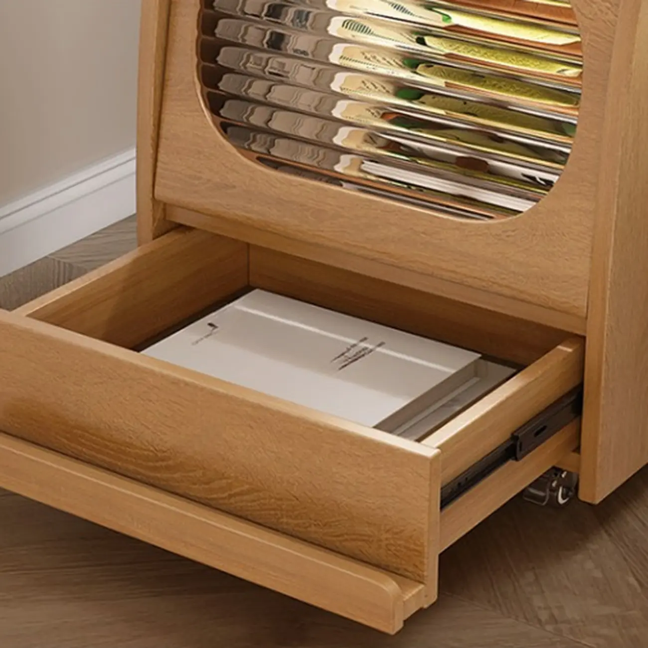 Versatile Swivel Flip-Top Natural Finish Wheeled Wooden Side Table Image - 5 | homeyfad