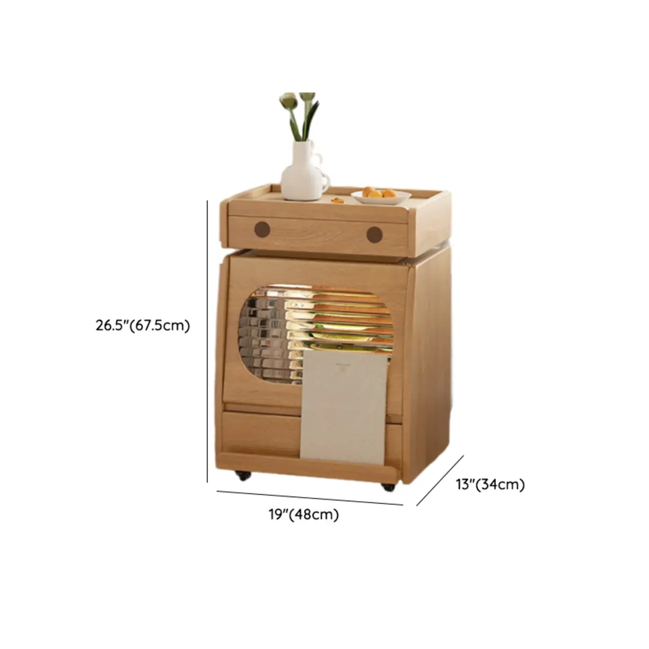 Versatile Swivel Flip-Top Natural Finish Wheeled Wooden Side Table #size