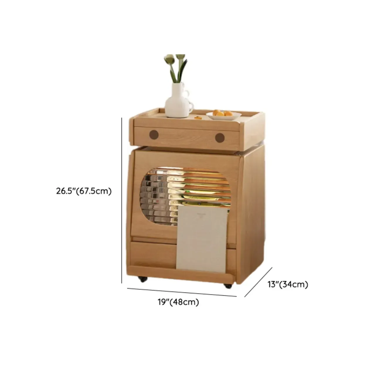 Versatile Swivel Flip-Top Natural Finish Wheeled Wooden Side Table #size