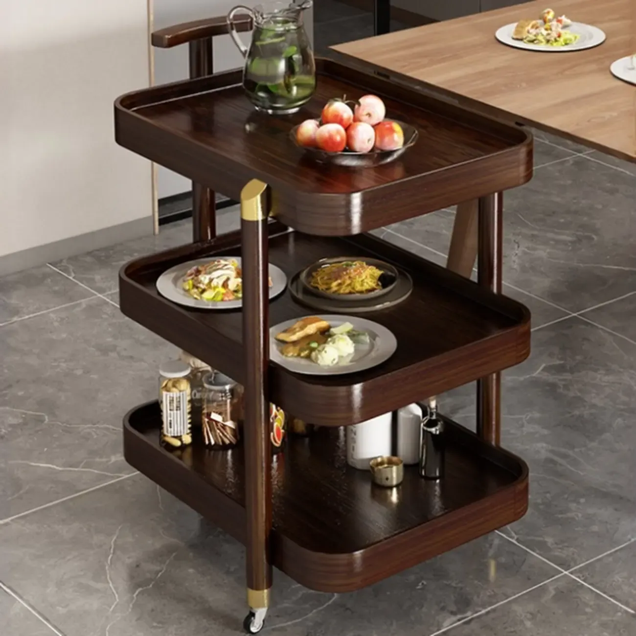 3-Tier Wheeled Tray Top Moso Bamboo Brown Side Table Image - 1