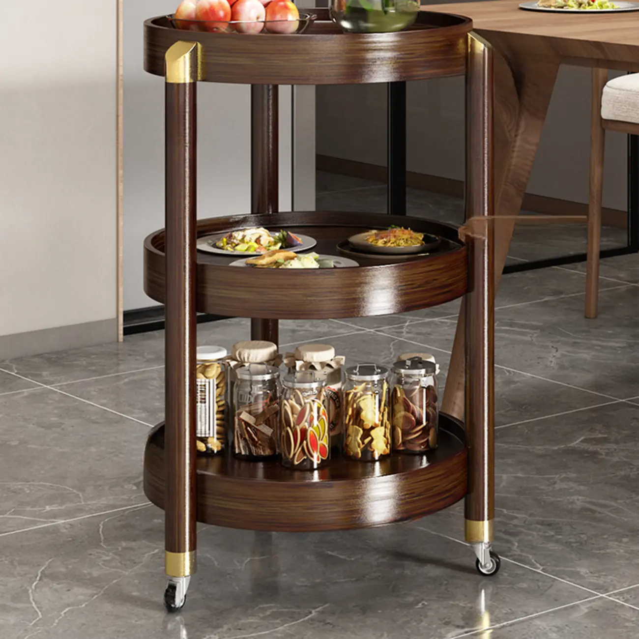 3-Tier Wheeled Tray Top Moso Bamboo Brown Side Table Image - 2 | homeyfad
