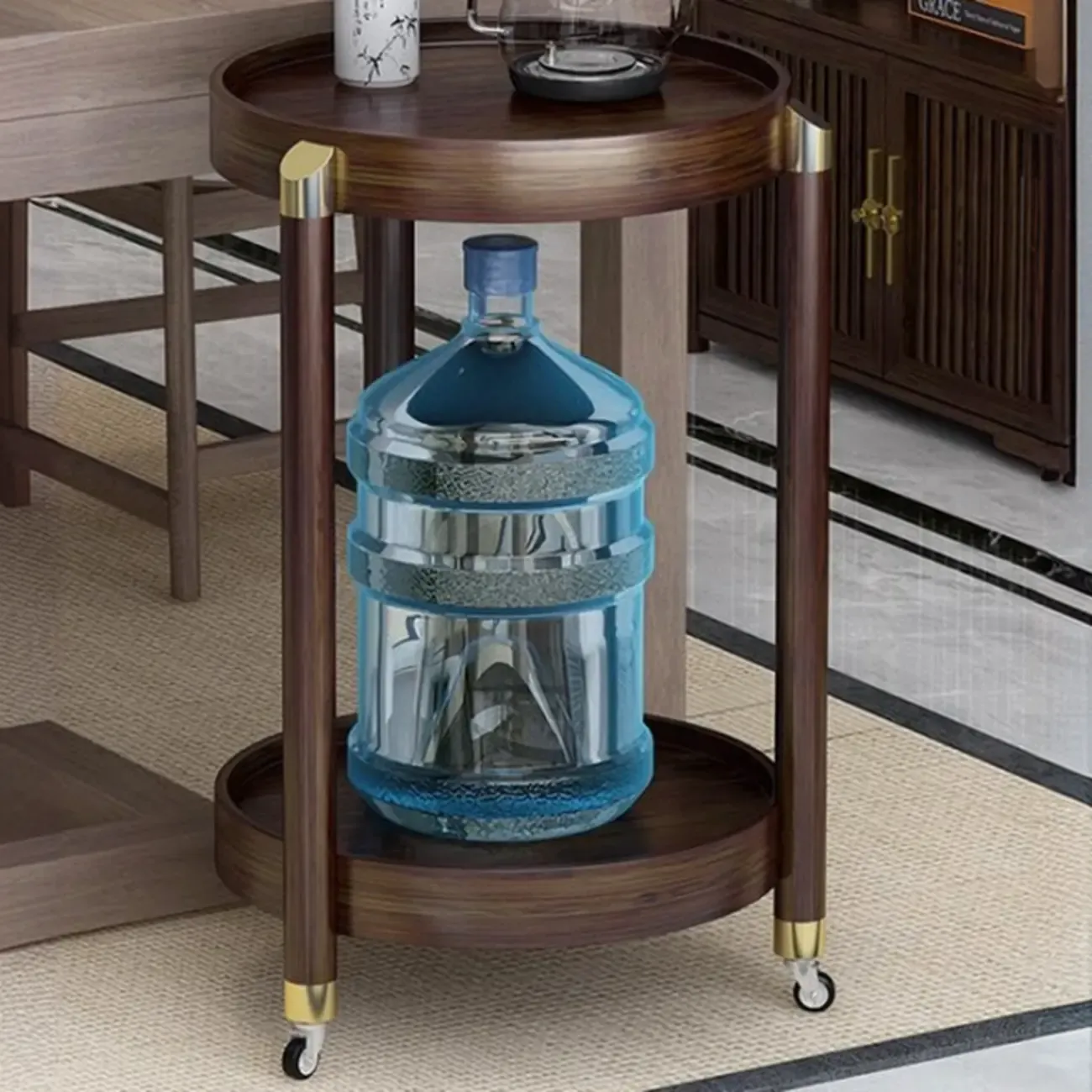 3-Tier Wheeled Tray Top Moso Bamboo Brown Side Table Image - 3