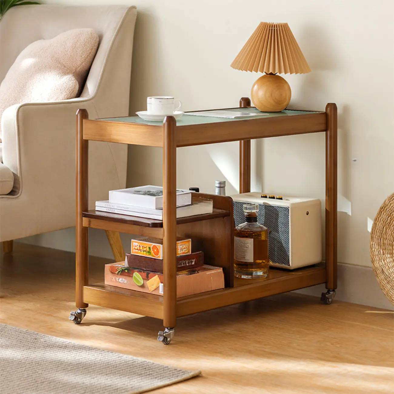 Rectangular Wide Nut-Brown Glass Top Side Table with Wheels Image - 1 | homeyfad