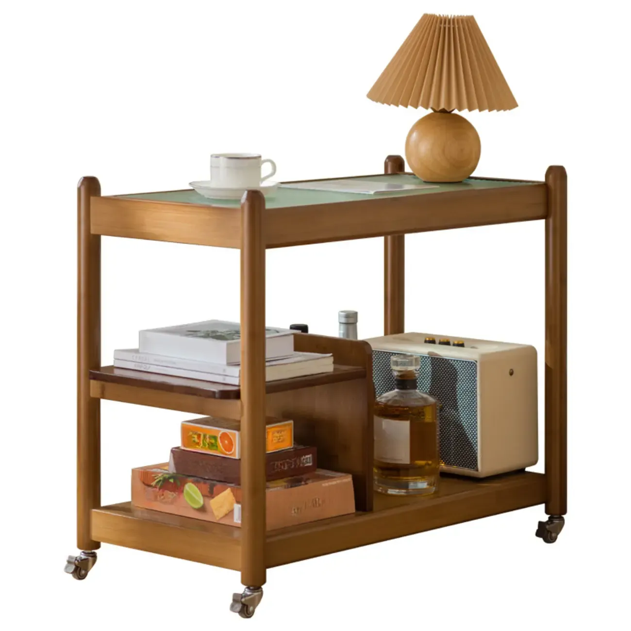 Rectangular Wide Nut-Brown Glass Top Side Table with Wheels | HomeyFad