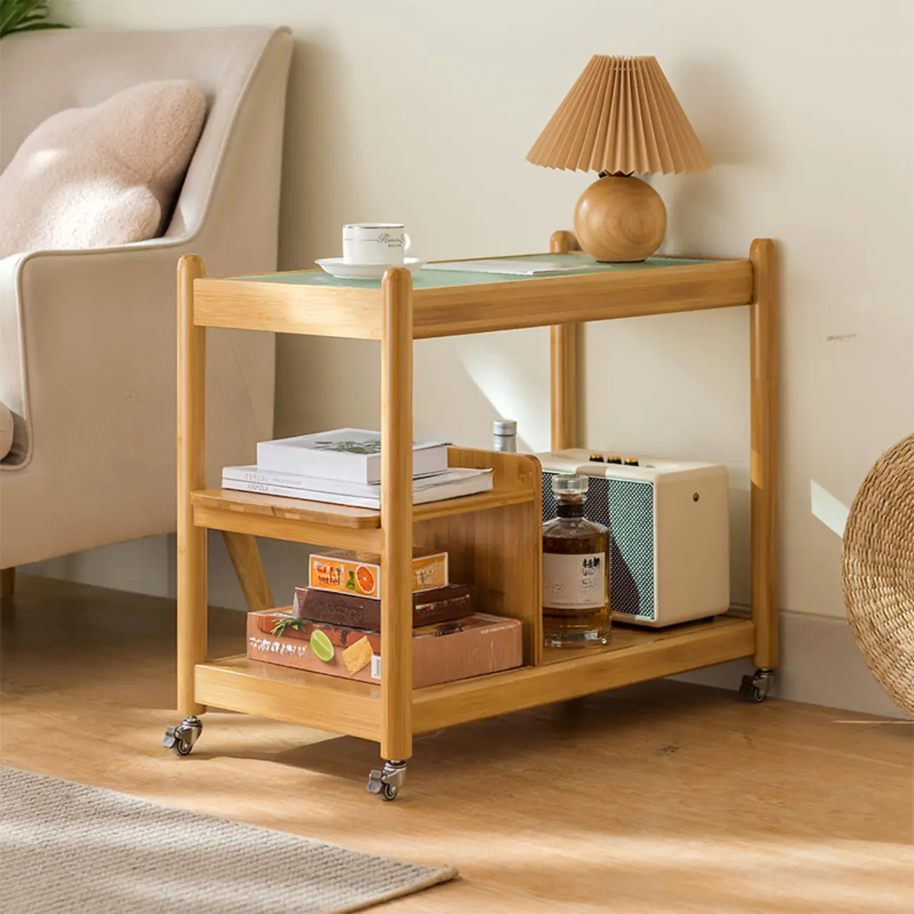 Rectangular Wide Nut-Brown Glass Top Side Table with Wheels Image - 3 | homeyfad