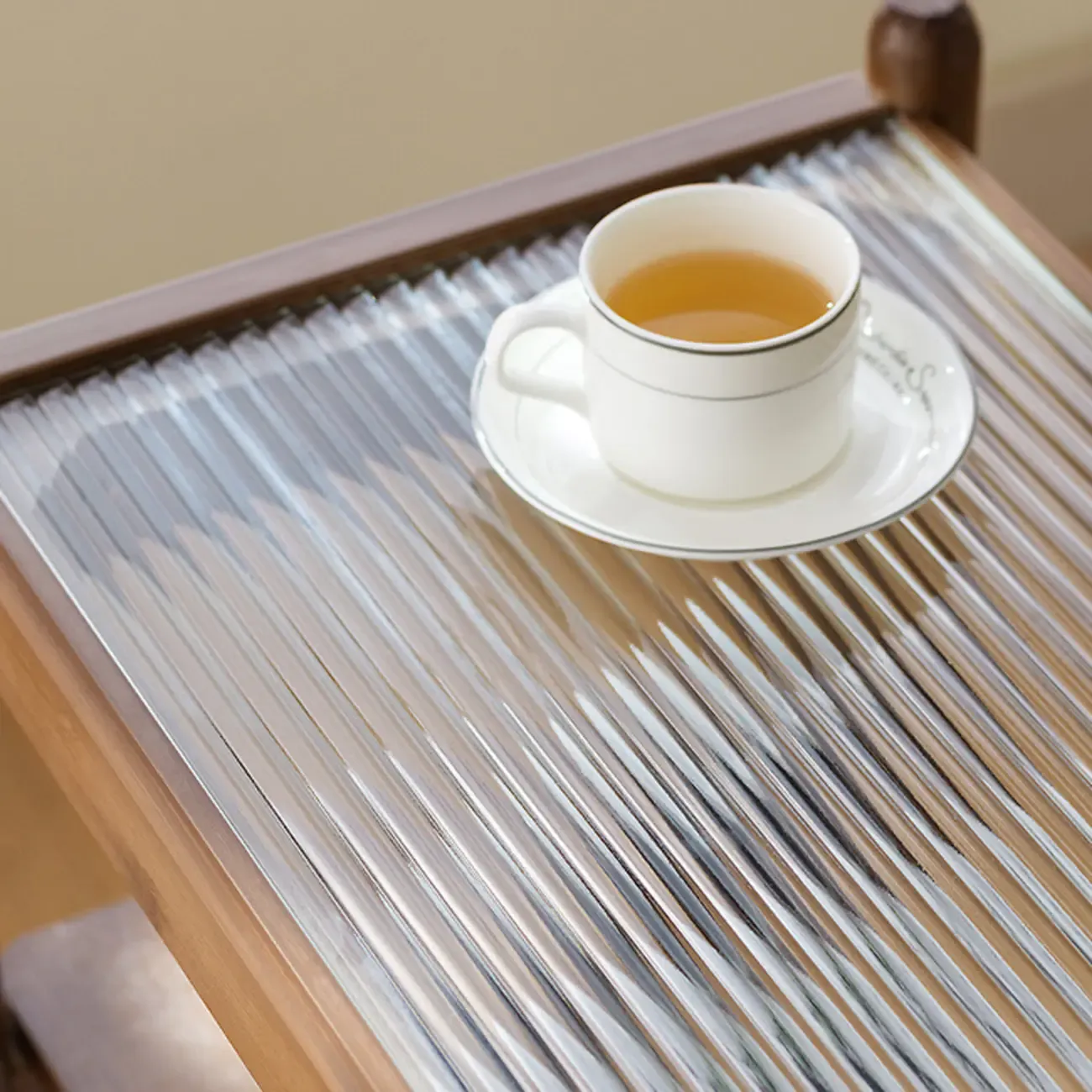 Rectangular Wide Nut-Brown Glass Top Side Table with Wheels Image - 6