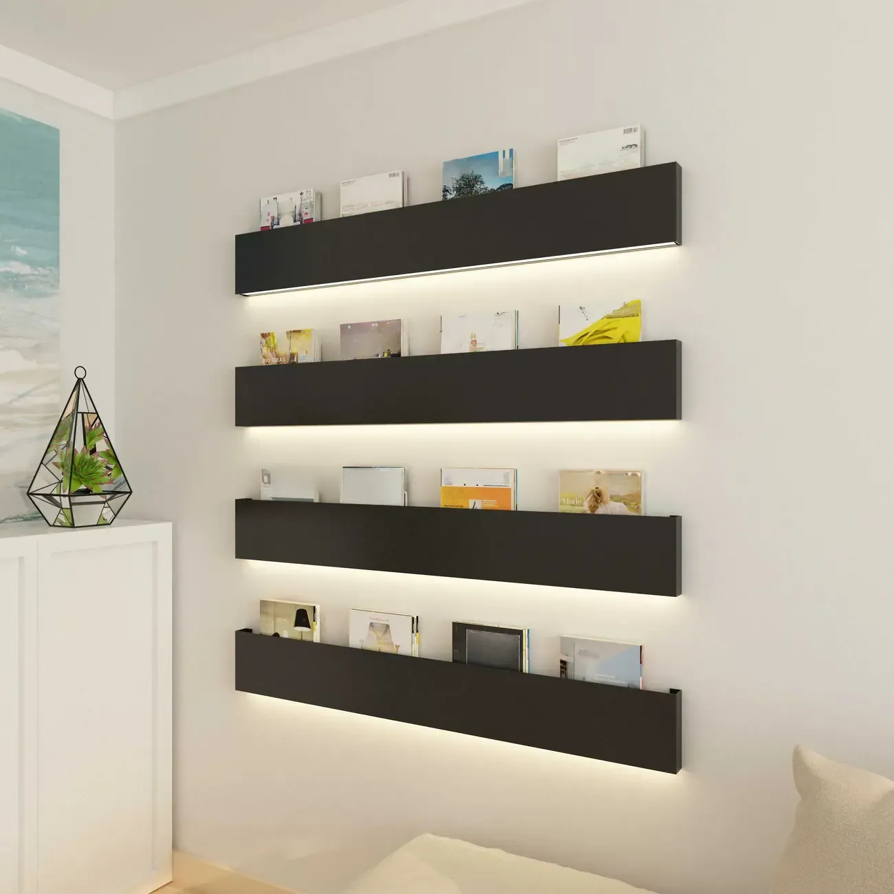 Modern Black Wall-Mounted Metal Floating Bookcase Image - 3