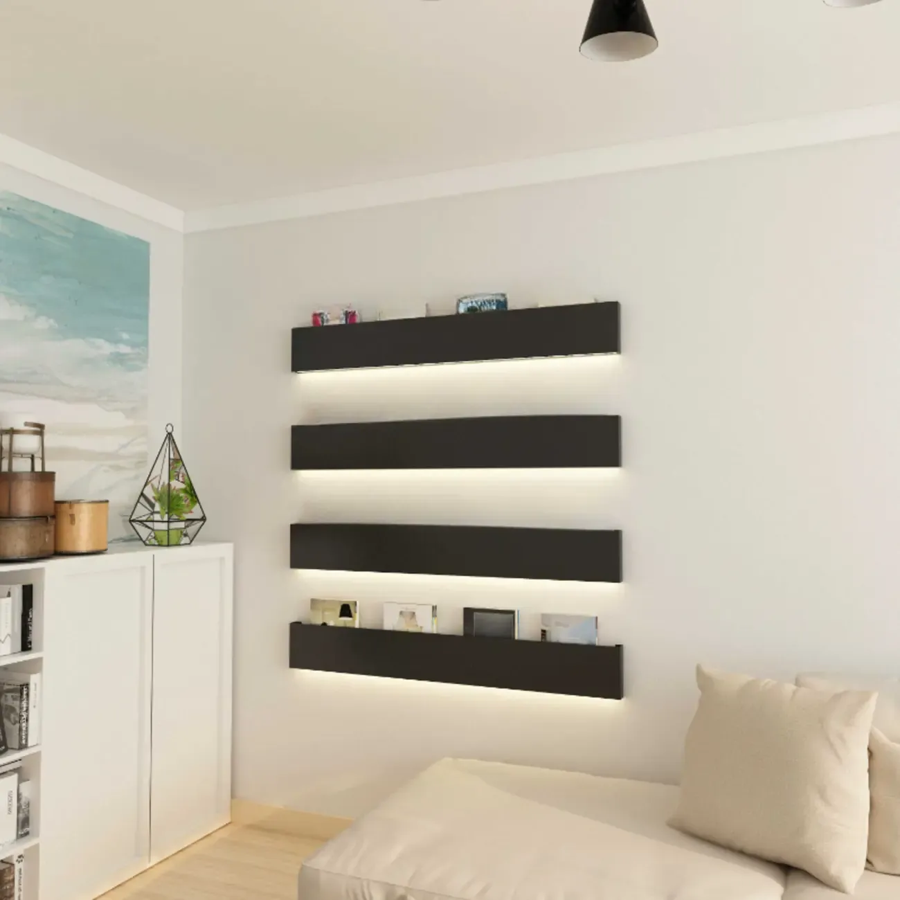 Modern Black Wall-Mounted Metal Floating Bookcase Image - 1