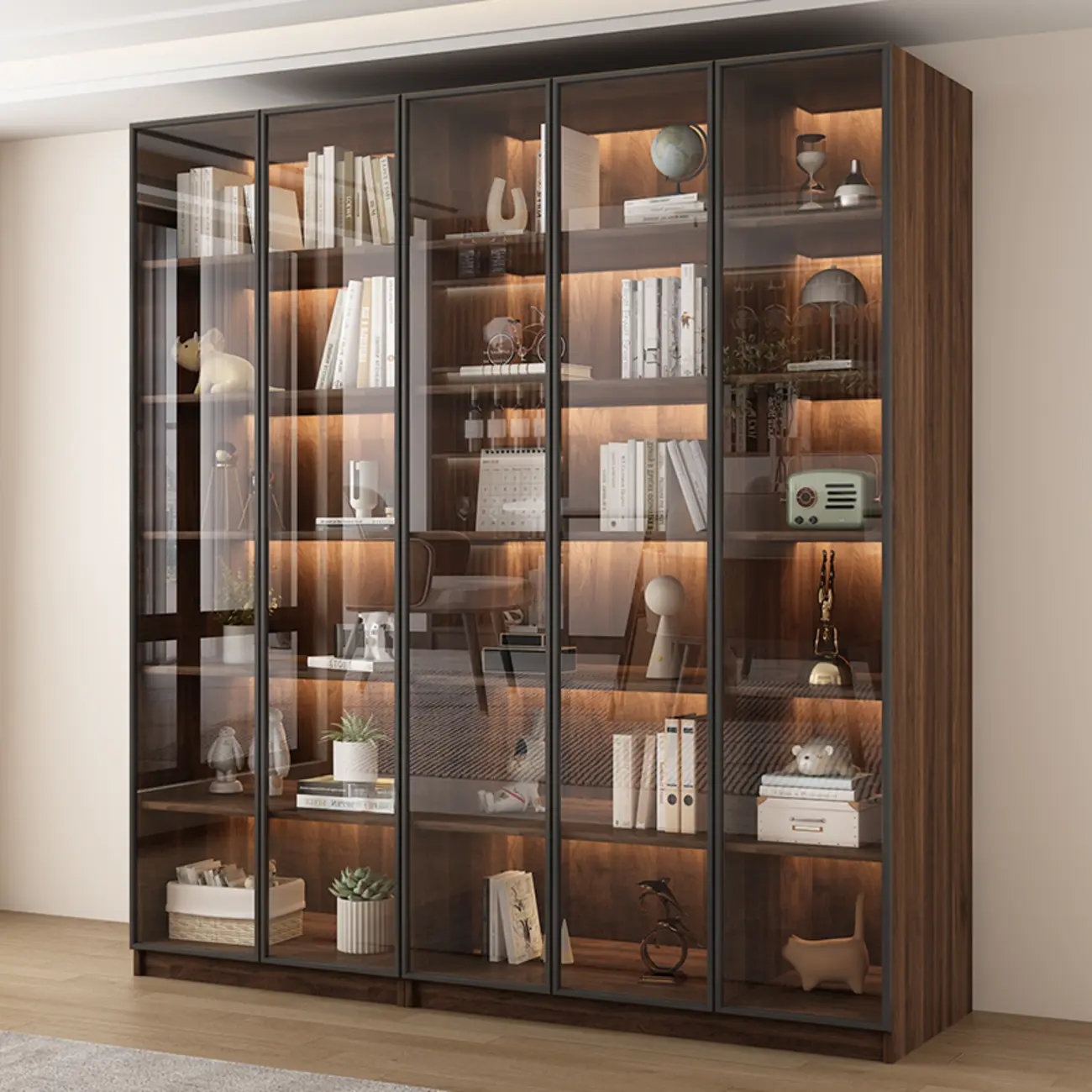 Large Modern Brown Cocoa Wood Bookcase with Glass Doors Image - 1 | homeyfad