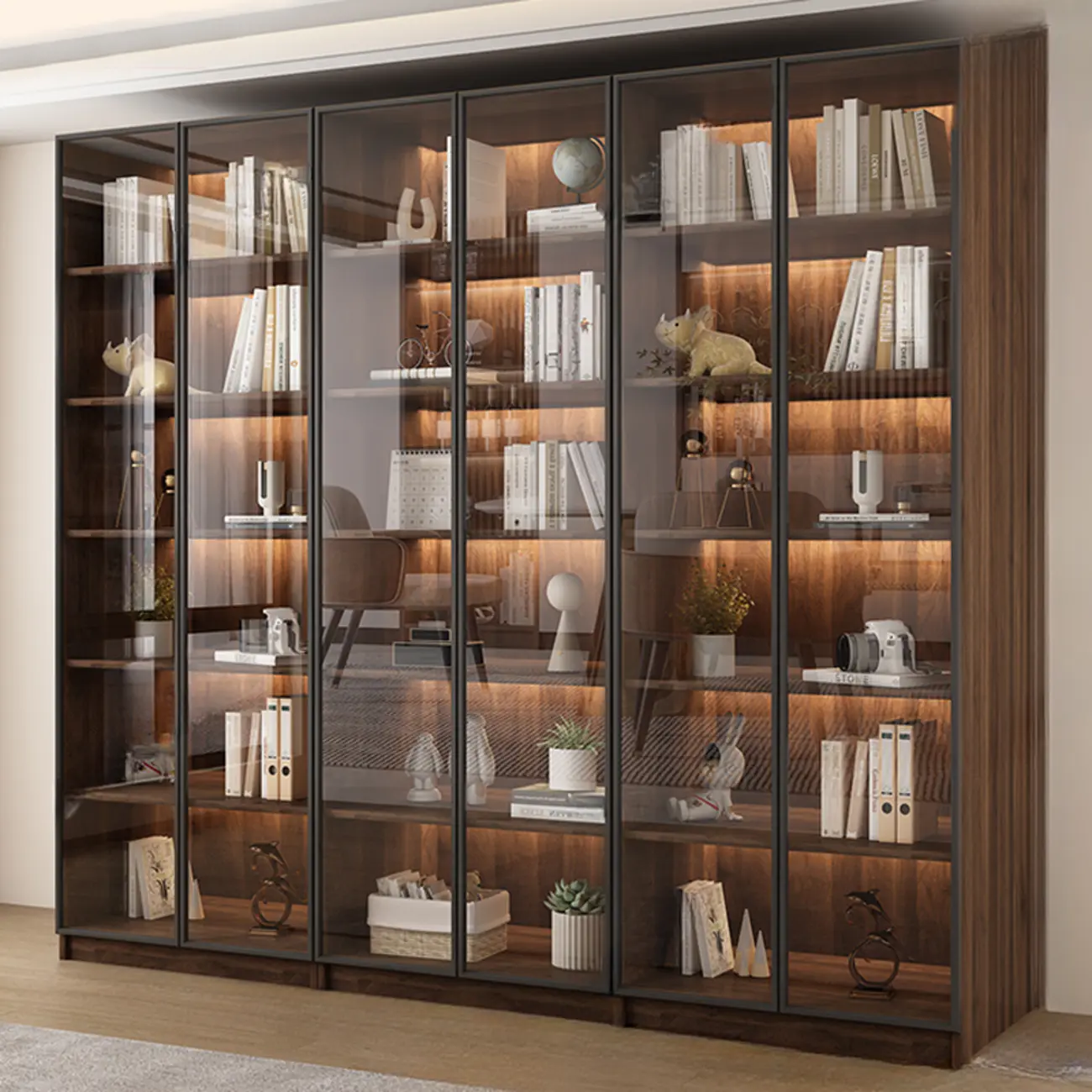Large Modern Brown Cocoa Wood Bookcase with Glass Doors Image - 3 | homeyfad