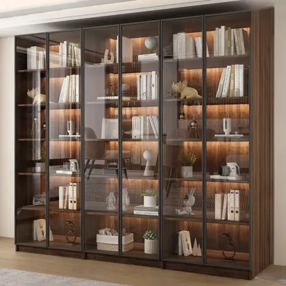 Large Modern Brown Cocoa Wood Bookcase with Glass Doors Image - 3