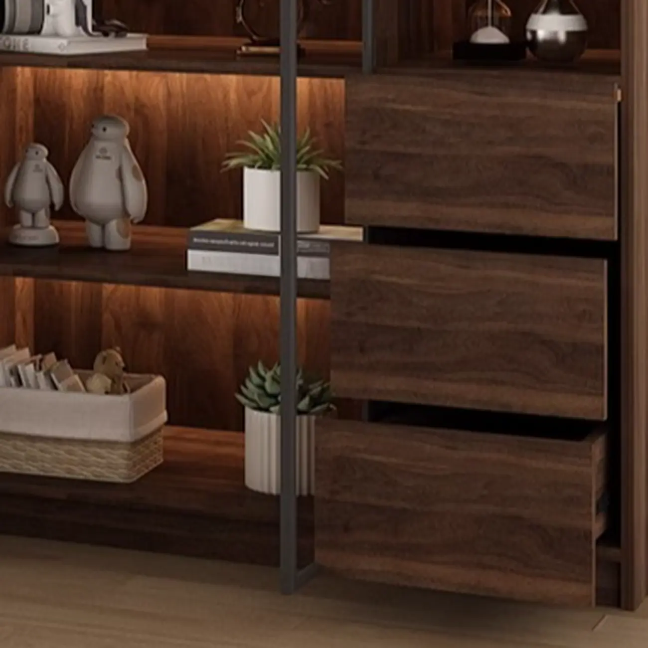 Large Modern Brown Cocoa Wood Bookcase with Glass Doors Image - 4 | homeyfad