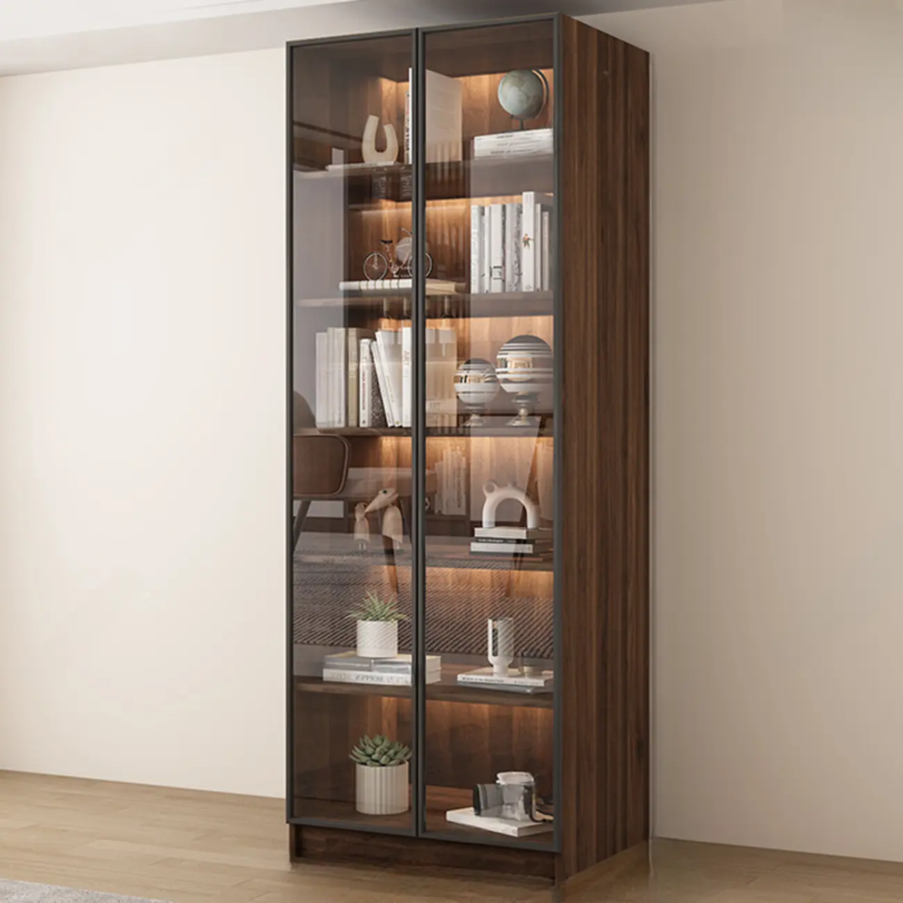 Large Modern Brown Cocoa Wood Bookcase with Glass Doors Image - 5 | homeyfad