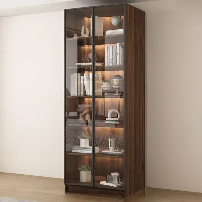 Large Modern Brown Cocoa Wood Bookcase with Glass Doors Image - 5
