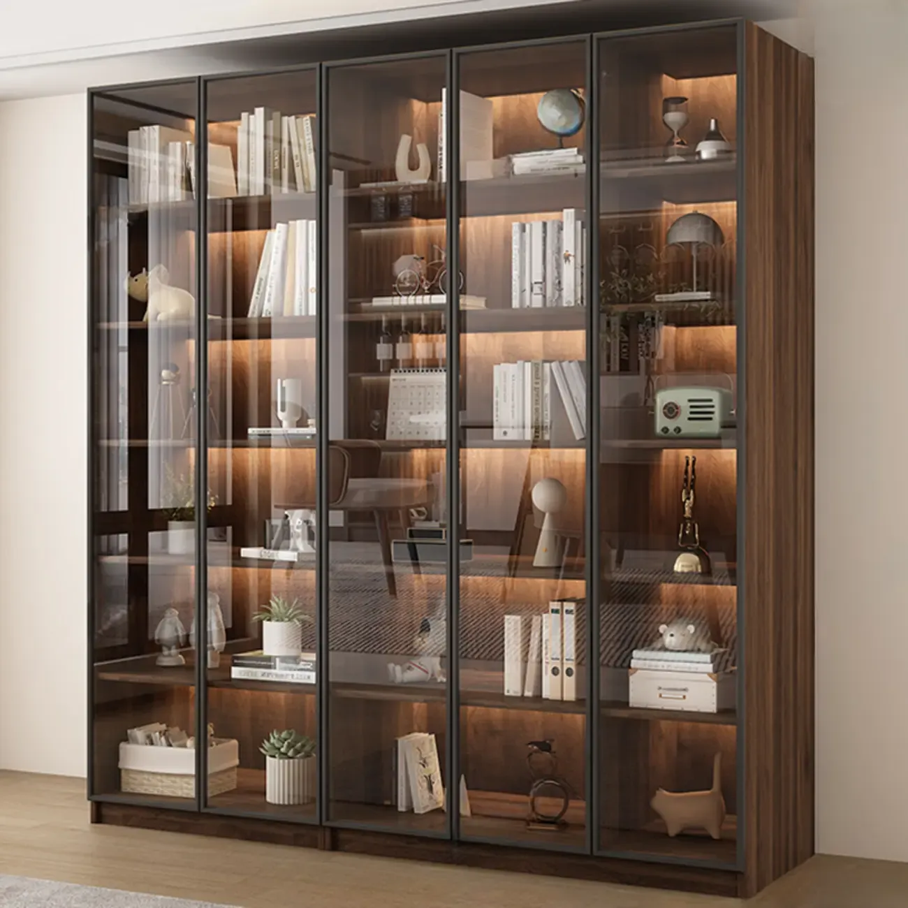 Large Modern Brown Cocoa Wood Bookcase with Glass Doors Image - 7
