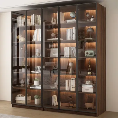 Large Modern Brown Cocoa Wood Bookcase with Glass Doors Image - 7